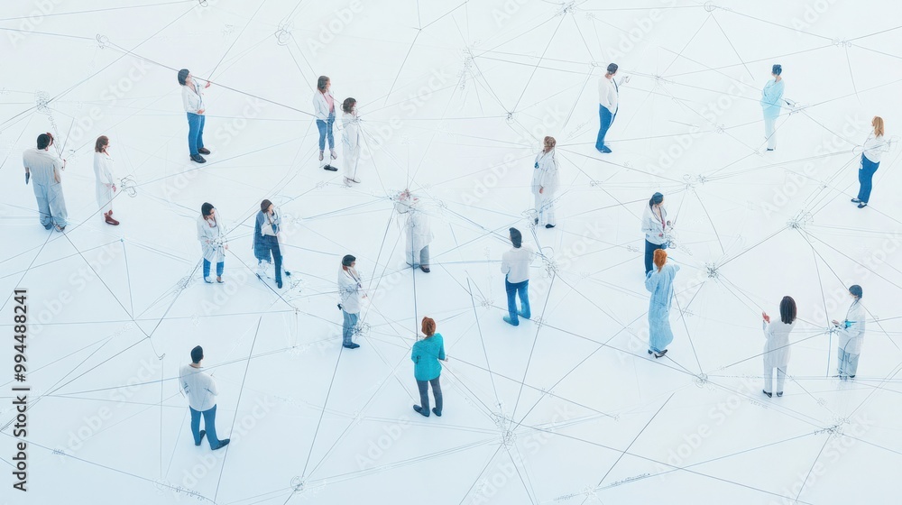 Poster people connected by abstract lines on a white background