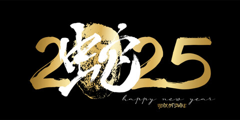 2025 Chinese New Year of Snake. Calendar poster year of Snake. Number zero stylized japanese hieroglyph translate Snake. Golden Print t-shirt design on black background. Vector illustration