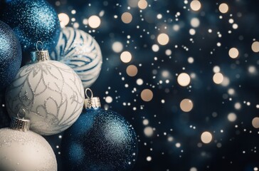 Beautiful blue Christmas ornaments surrounded by sparkling lights in a festive setting