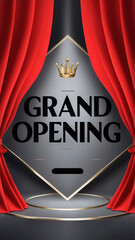 Luxury banner template for a grand opening event with gold crown flat style logo, a theater stage with red curtains and glossy podium,on grey gradient backdrop, inviting excitement for the new launch 