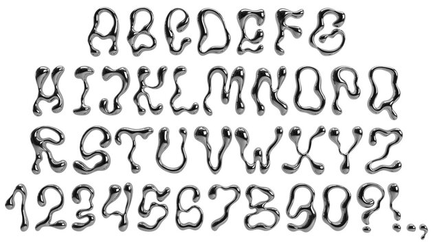 3d chrome liquid font. Silver bubble typeface. Liquid metal letters and numbers. Y2K style alphabet. Font with dripping glossy effect. Letters with molten metal effect. Metallic, fluid surface