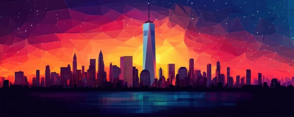 Vibrant cityscape at night with a glowing skyline in a colorful cartoon style