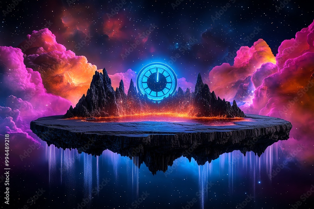 Poster a floating island suspended in space, with a massive glowing clock in the center. the island is surr