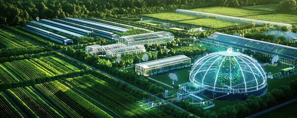 Blueprint of a smart agricultural complex, integrating IoT sensors for crop management and automated harvesting systems