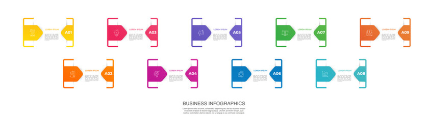Vector template arrow infographics with 9 steps. Business premium creative concept with options, labels, parts. Nine steps for content, flowchart, timeline, levels, presentation.