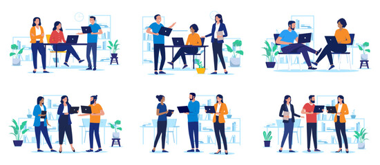 People working in office vector collection - Set of illustrations with businesspeople at work, using computers, talking and doing various work. Flat design with white background