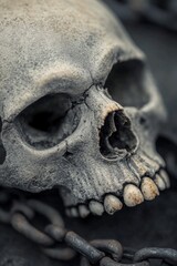 Obraz premium Close-up of an aged human skull with chains against a dark background, evoking eerie atmosphere