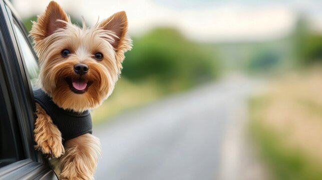 Happy small dog enjoys a car ride with its head out the window on a sunny day