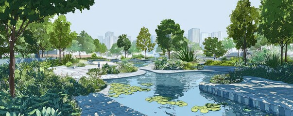 Technical drawing for an anti-pollution city park, incorporating air purifying plants and smog-filtering water features