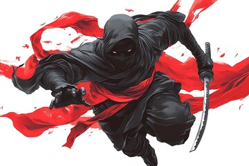 Silhouetted ninja warrior running with red fabric and sword, digital illustration