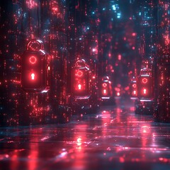 Cyberpunk Cityscape with Glowing Locks: A Digital Security Concept