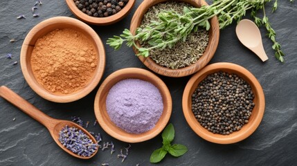 Assorted natural spices and herbs arranged in wooden bowls on a dark stone surface