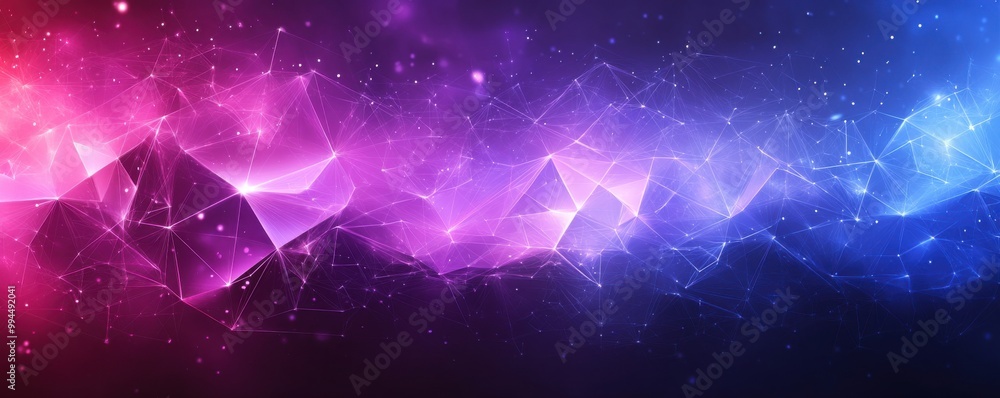 Poster abstract purple and blue geometric triangular background with glowing light effects and particle det