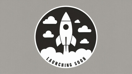 Minimalist black and white logo with a flat rocket in a circle, clouds, and "Launching soon" text  at the bottom on a grey background, monochrome, template, landing page design, new website