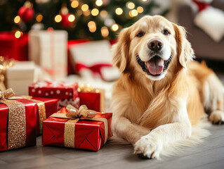 dog with christmas gifts