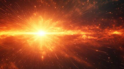 Big bang explosion of bright orange light in space. Cosmic energy, stars and galaxies, powerful astronomical event, outer space, and astrophysics concept.
