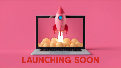 A laptop screen erupts with a fiery rocket launch, with bold "Launching soon" text at bottom, on a vibrant pink tone background, 3d render, the excitement of starting your website, announcement flyer
