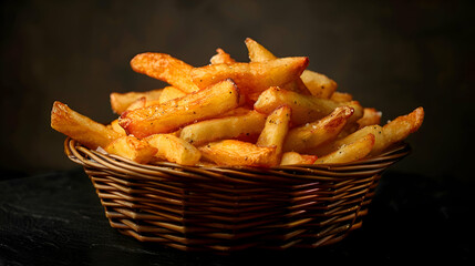 A basket of golden, crispy French fries, captured using an ultra HD camera with a ring light for even illumination