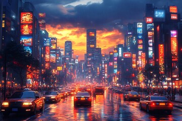 Neon Cityscape at Night: A Rainy Evening in the Urban Jungle