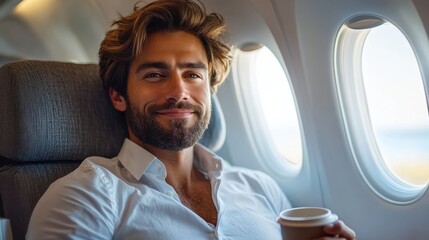 Handsome man sitting comfortably in airplane seat, holding coffee cup, smiling during flight, enjoying travel in first class, relaxed and content, business travel comfort, in-flight relaxation.