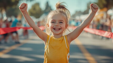 Excited young girl celebrating victory at race finish line, arms raised in triumph, smiling happily, wearing yellow sports outfit, joyful child athlete winning race, outdoor fun competition.