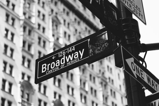 Fototapeta Close-up of Broadway sign in black and white in New York City