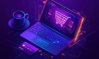 Futuristic digital workspace with neon laptop featuring e-commerce cart symbol and tech accessories in purple and blue  illustration