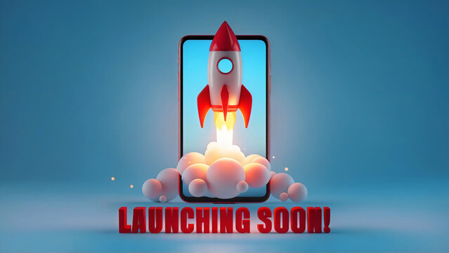 A mobile device displays a rocket launching with fire, accompanied by bold "Launching soon!" red text below on a blue backdrop, exciting new app or service coming soon, announcement flyer banner