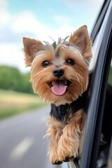 A joyful Yorkshire Terrier enjoys a car ride with its head out the window on a sunny day