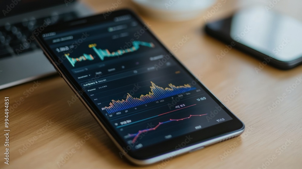 Aufkleber smartphone displaying financial charts and graphs on a wooden table