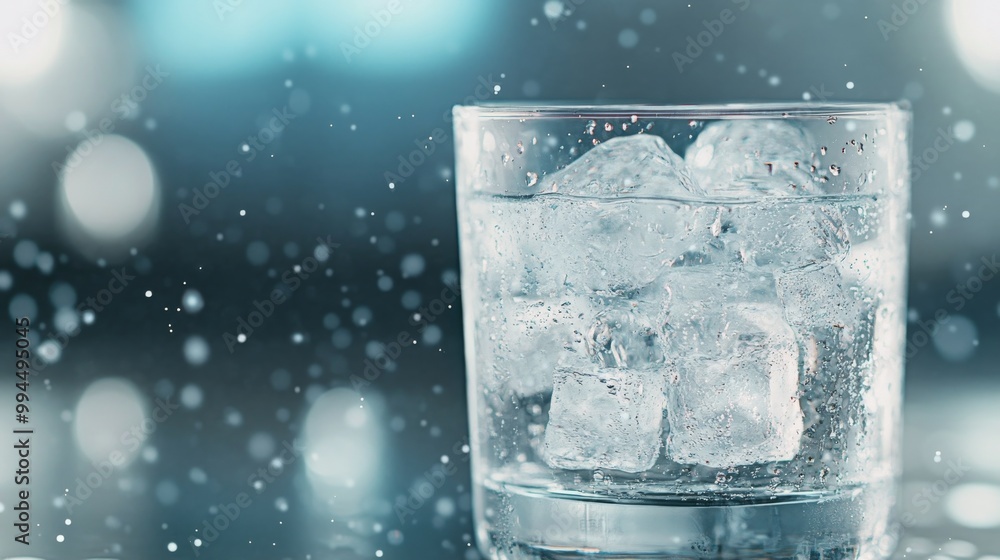 Poster refreshing glass of iced water with ice cubes on a table surrounded by soft bokeh lights