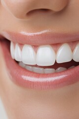A close-up of a smiling person showing perfect white teeth and healthy gums in natural light