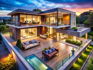 Fototapeta premium Stunning luxury contemporary house with sleek design, expansive windows, and modern outdoor living space