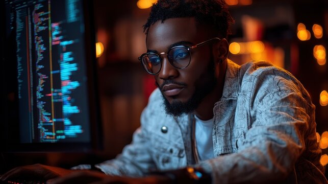 Focused programmer coding in front of a computer screen with complex digital code, working late night in a dimly lit room, modern technology and programming industry