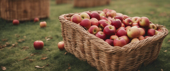 Image of basket full of apples with orchard in background