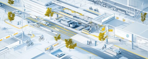 Technical drawing for a smart urban mobility hub, detailing autonomous vehicle stations, electric bike shares, and dynamic traffic management systems