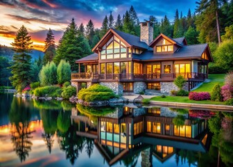 Obraz premium Stunning Luxury Lake House Surrounded by Nature with Beautiful Views and Modern Architecture Features
