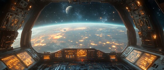 Futuristic Spaceship Cockpit View of Earth at Night