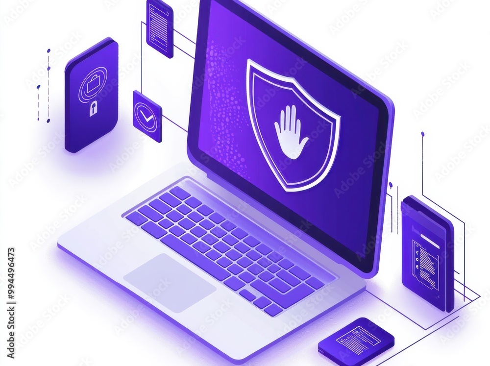 Poster digital security concept with a purple shield and check mark representing data protection and cybers