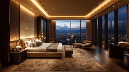 A luxurious master bedroom featuring a king-sized bed, floor-to-ceiling windows, and ambient lighting