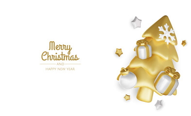 Merry Christmas and happy new year background. Christmas tree, Gift boxes, Christmas balls. Christmas element for web, banners, greeting card, template design.