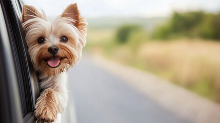 Happy small dog enjoys a car ride with its head out the window on a sunny day