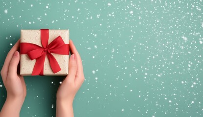 A person holding a beautifully wrapped gift in a snowy outdoor setting during winter festivities