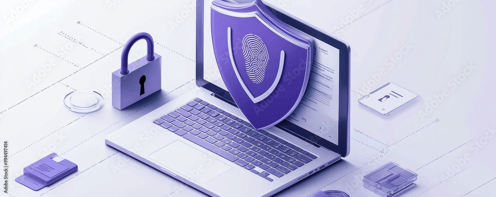 Poster purple shield with check mark on laptop keyboard symbolizing cybersecurity and digital protection