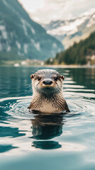 Otter in the water displaying confidence near a mountain background
