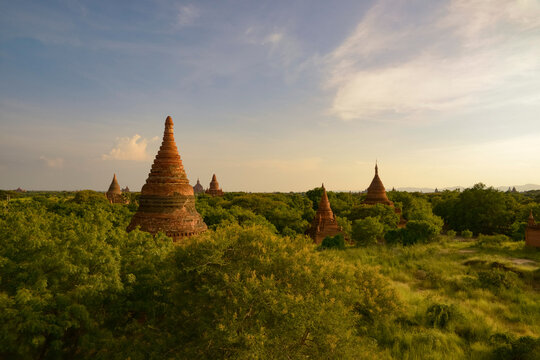 Ancient pagodas surrounded by greenery in Bagan