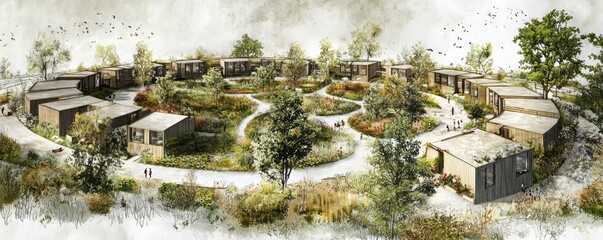 Technical drawing of a circular residential development, integrating communal gardens, shared resources, and a focus on community-driven living