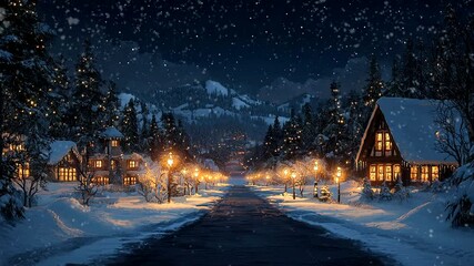 Snowy village street illuminated by warm lights on a peaceful winter night. Seamless looping 4k time-lapse video background. - Powered by Adobe