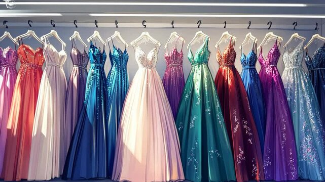 A row of colorful dresses hangs on hangers in a store