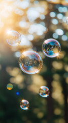 Floating Soap Bubbles in Sunlit Forest with Lens Flare
